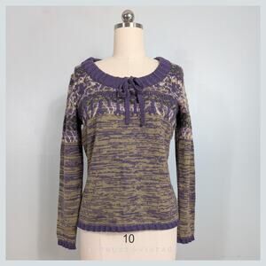 SOL Baby Alpaca Pullover Sweater L Purple Yellow Fair Isle Bow Scoop Soft Bow